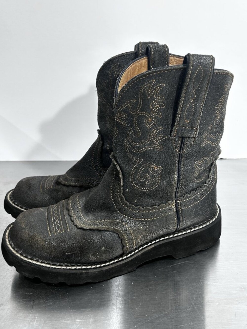 Ariat FatBaby Western Cowboy Boots Blue Leather Embroidered Ankle Womens 6.5B